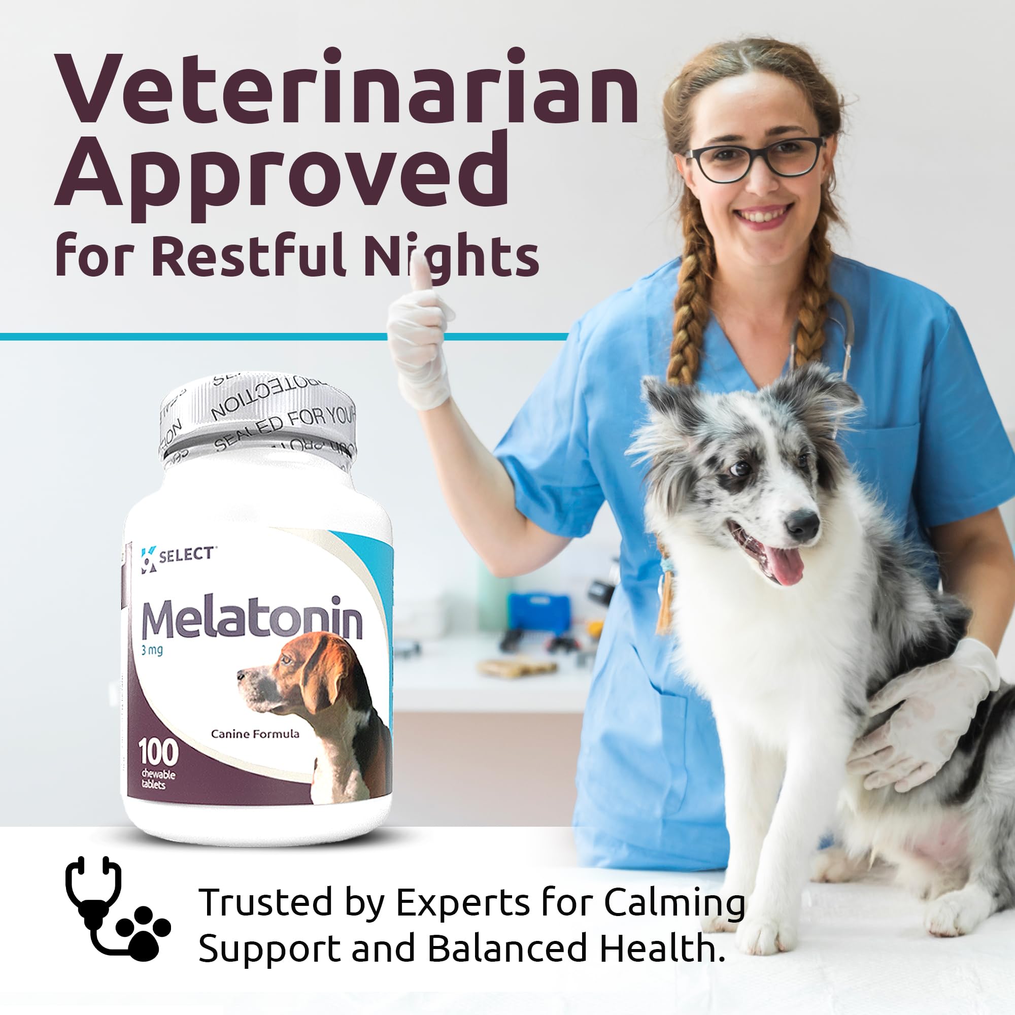 K9 Select Melatonin for dogs of all sizes with 3 mg per tablet for flexible dosing.