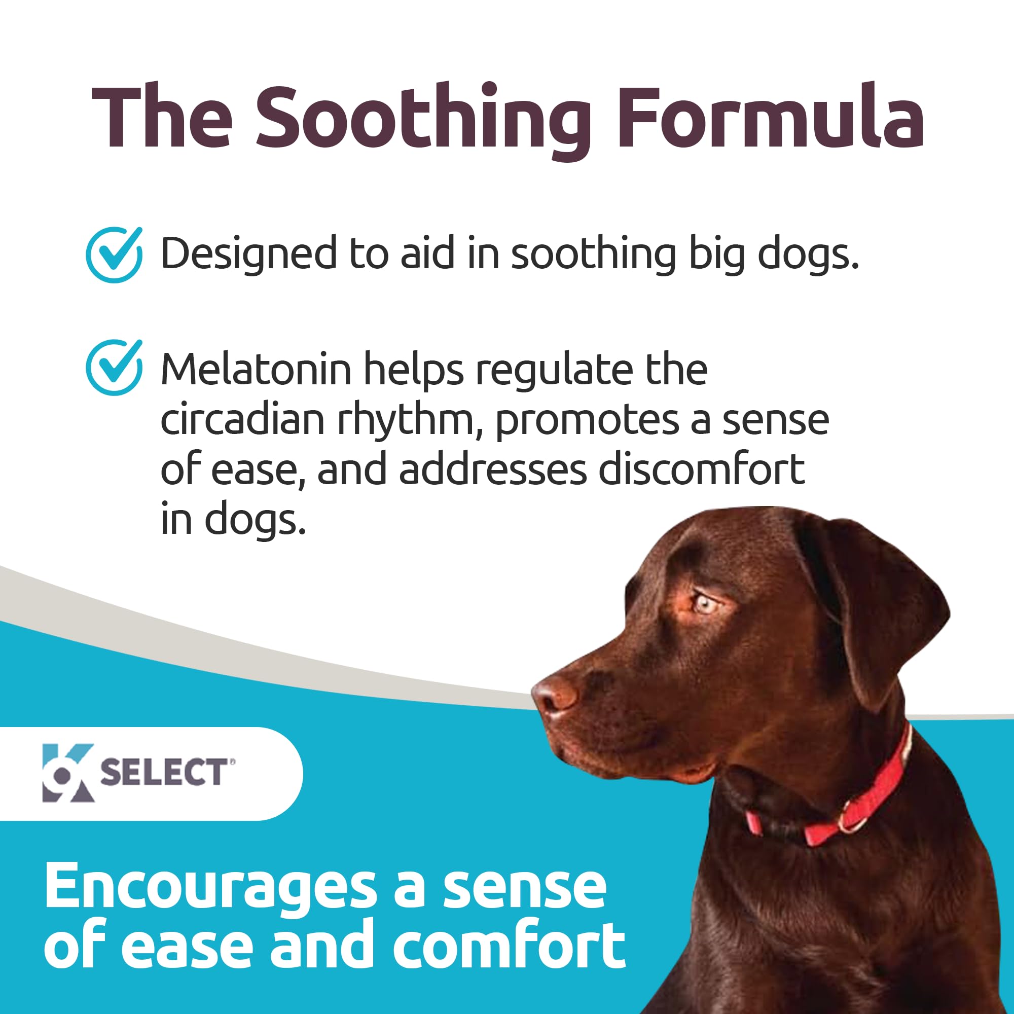 K9 Select melatonin large-dog chews beef flavor shown with resealable container for calm moments.