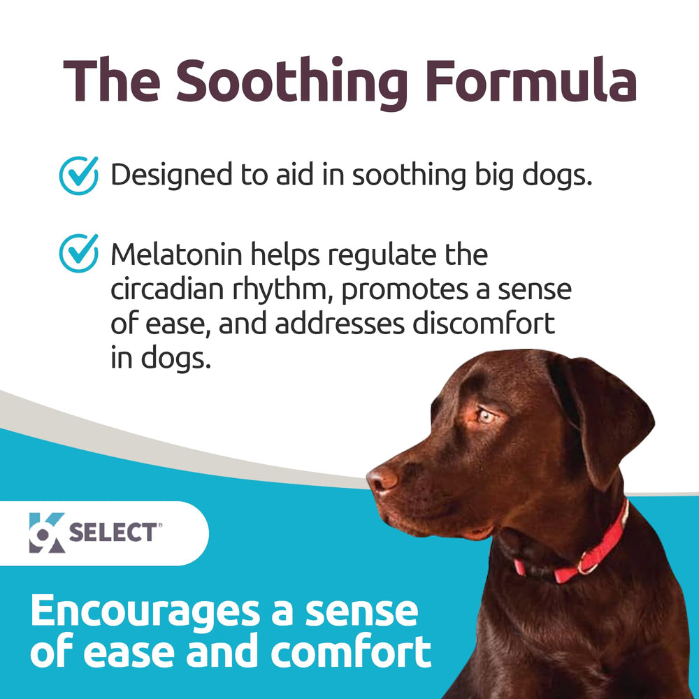 K9 Select melatonin large-dog chews beef flavor shown with resealable container for calm moments.