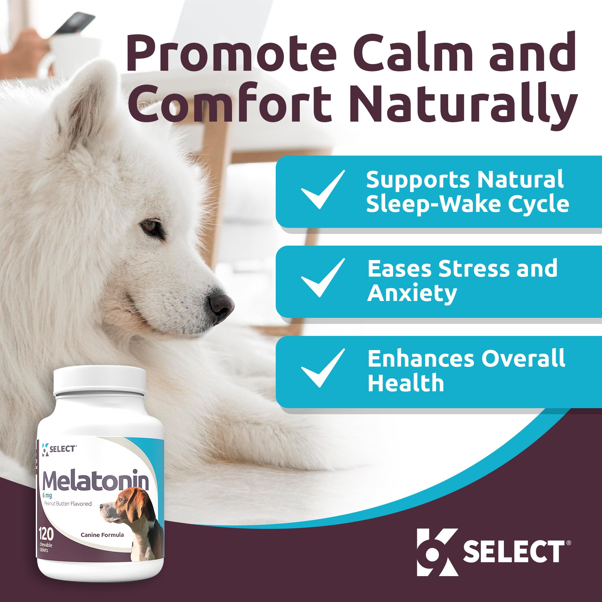 K9 Select melatonin large dogs chews in bowl highlights peanut butter flavor for soothing treats