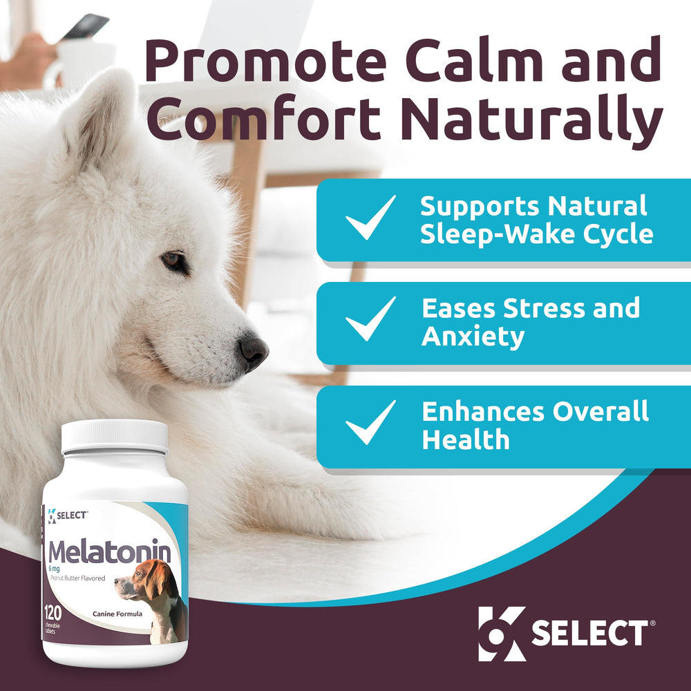 K9 Select melatonin large dogs chews in bowl highlights peanut butter flavor for soothing treats