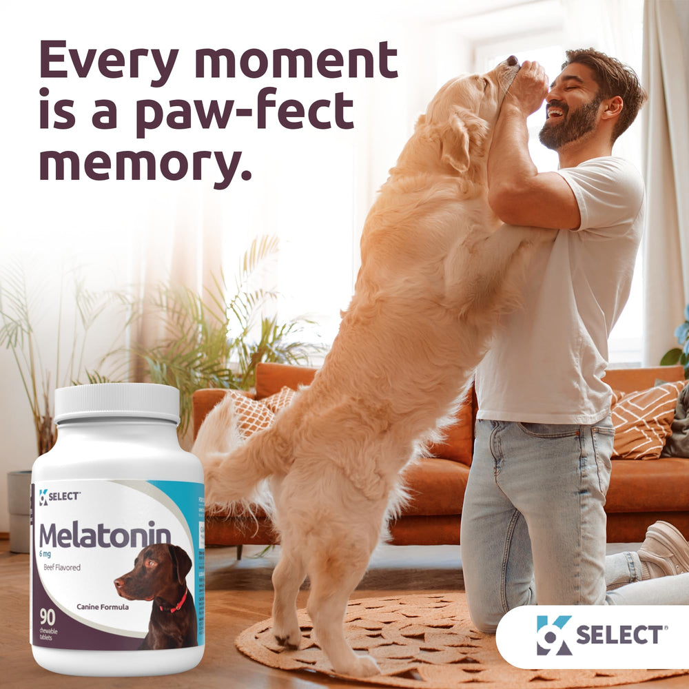 K9 Select melatonin nutrient label close-up emphasizing adrenal-support ingredients.