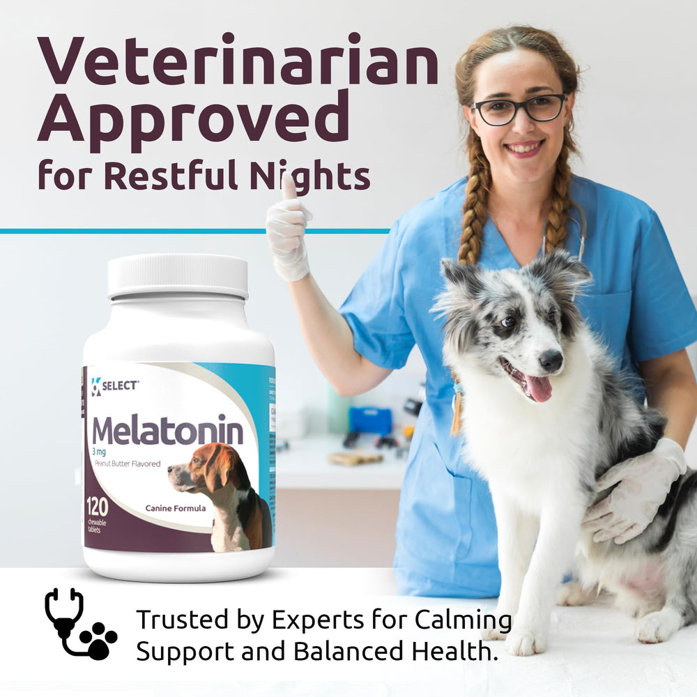 K9 Select melatonin bottle open beside dog snack time for easier administration