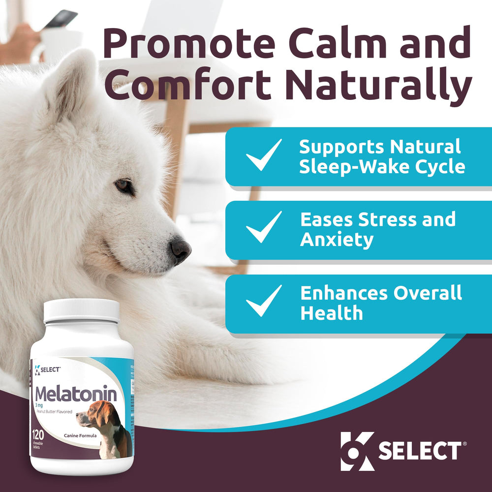 K9 Select melatonin tablets with peanut butter flavor for easy dosing
