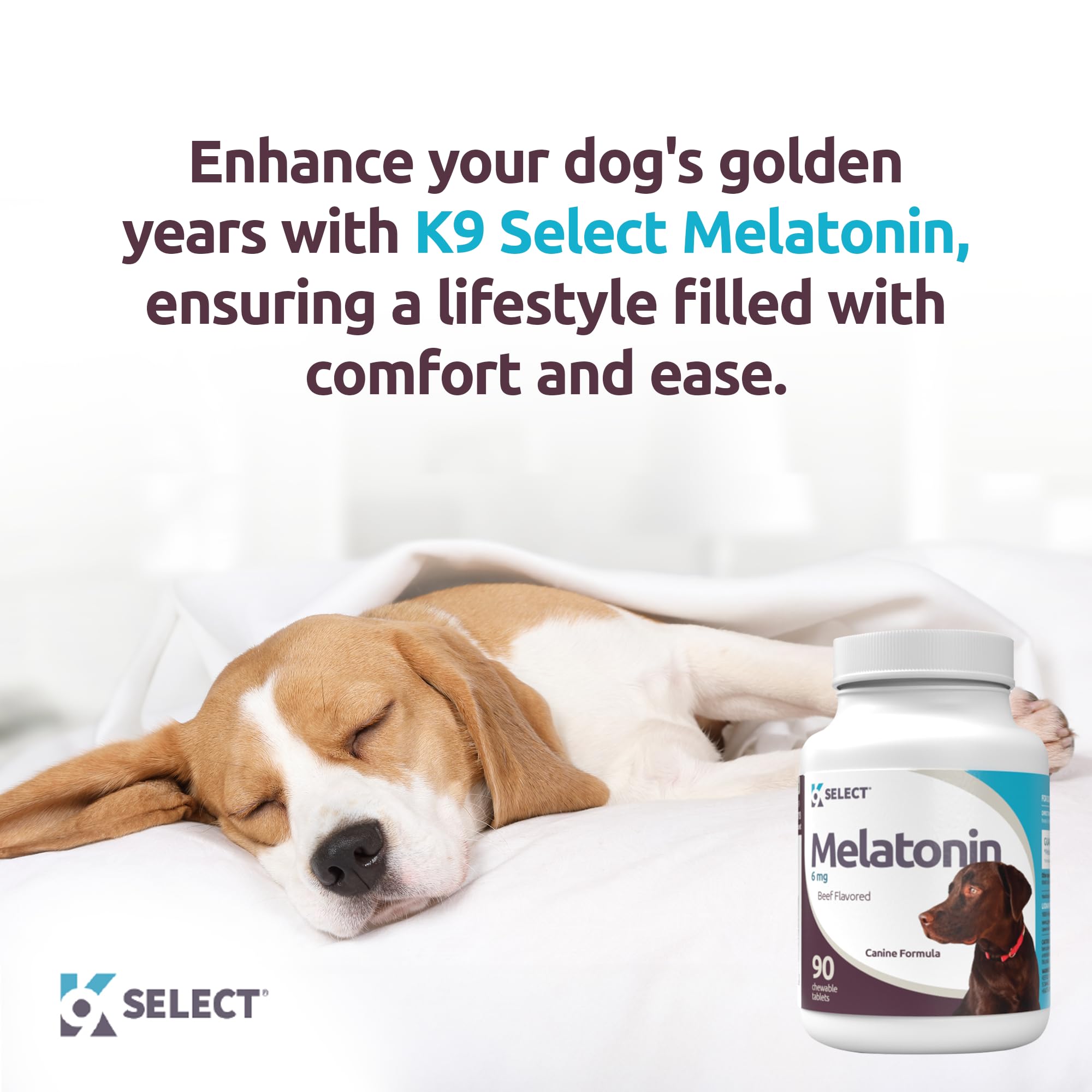K9 Select melatonin treat close-up showing natural adrenal support benefits.