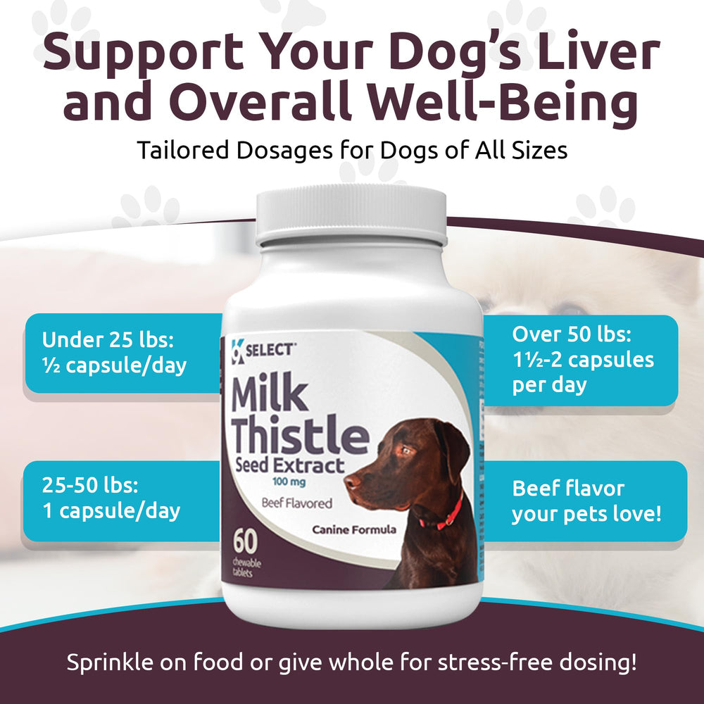 K9 Select bottle label highlights 100 mg milk thistle and 80% silymarin for dogs.