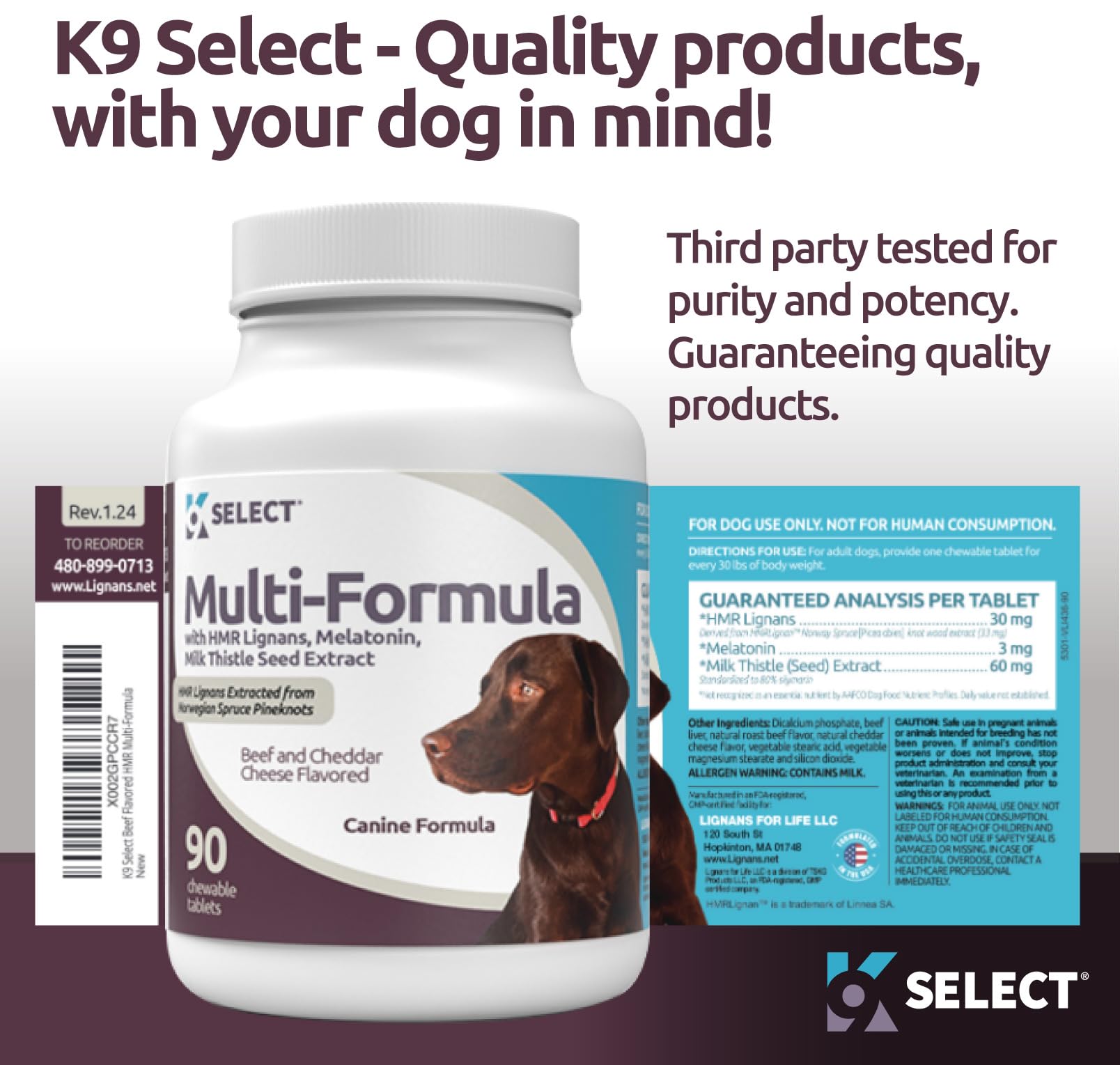 K9 Select Multi-Formula large-dog packaging front: communicates premium vitamins for dogs' heart and coat.