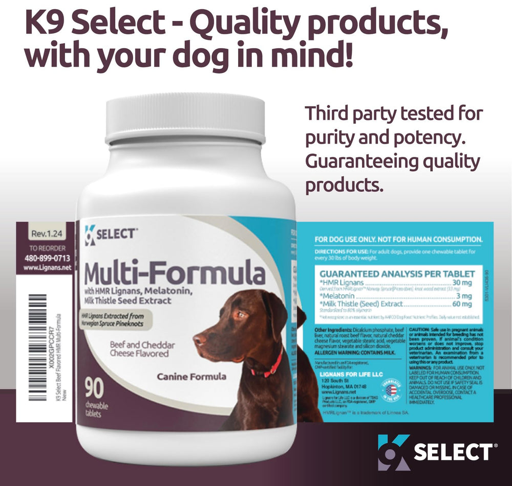 K9 Select Multi-Formula large-dog packaging front: communicates premium vitamins for dogs' heart and coat.