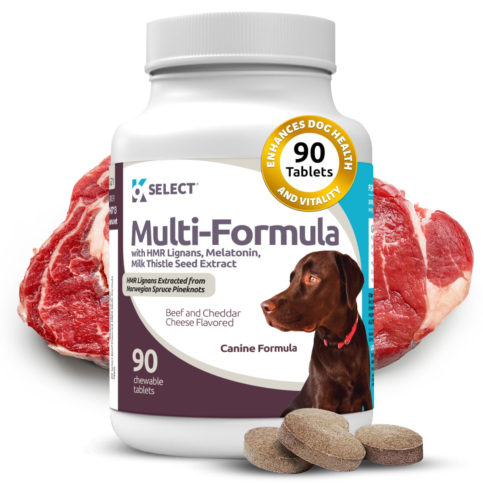 K9 Select Multi-Formula large-dog chews beef flavor pour: easy daily supplement for vitality.