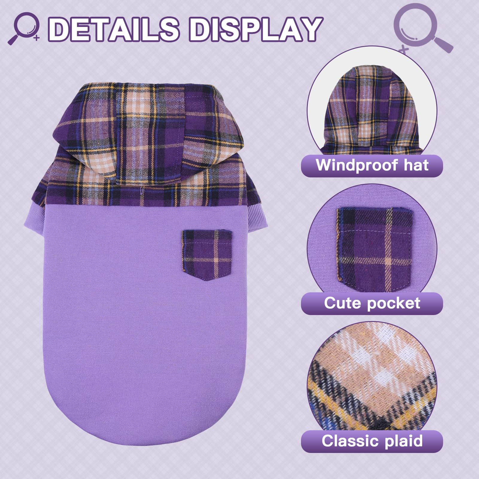 K9meme plaid hoodie on hood and shoulders close-up emphasizes breathable fabrics and fit