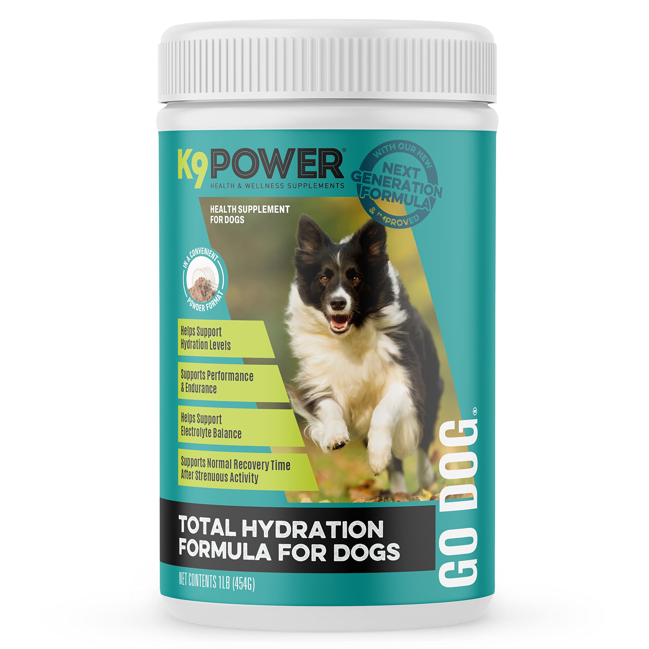K9Power Go Dog bottle closeup showing hydration support for workouts.