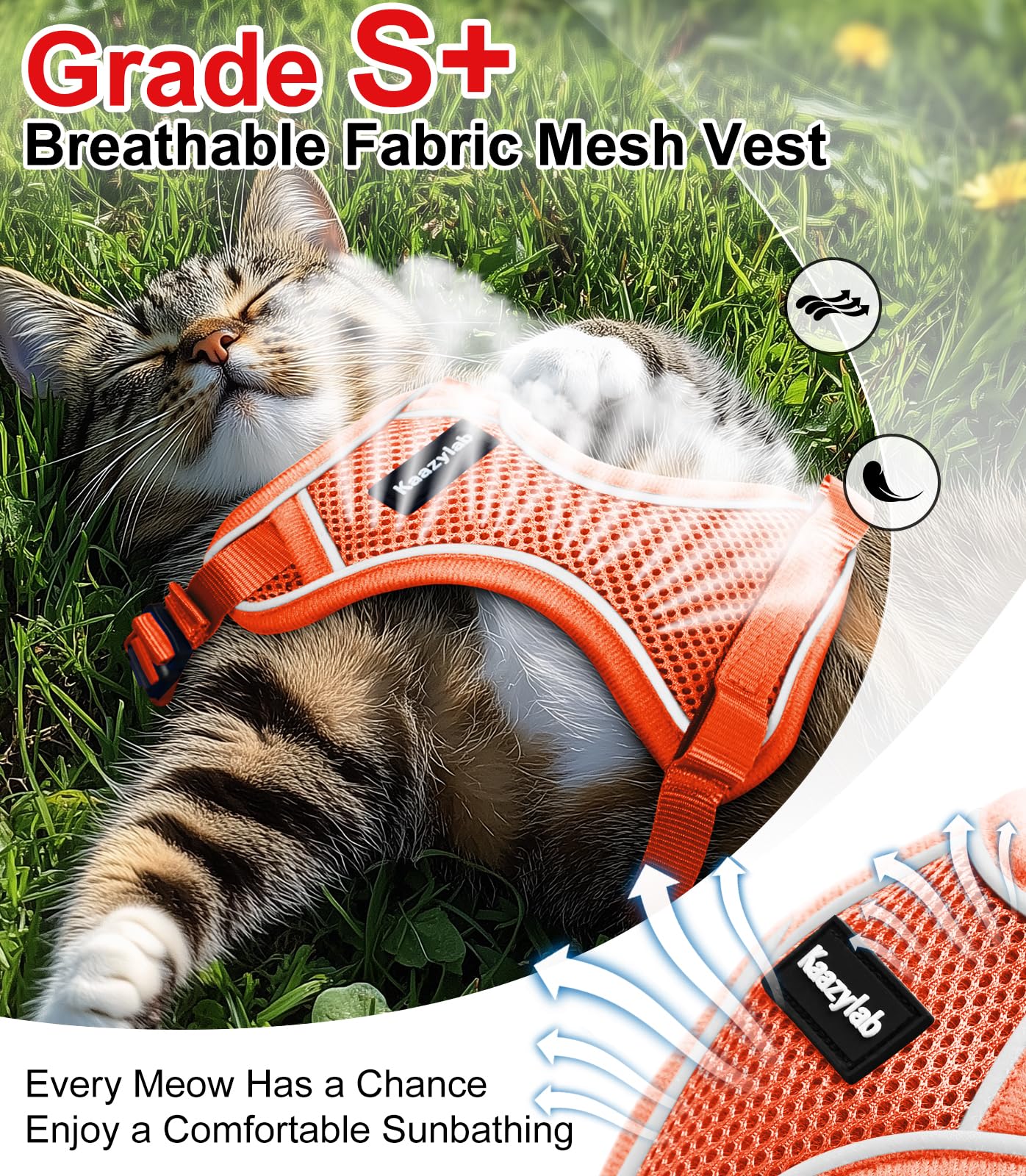 Kaazylab cat harness soft air mesh keeps cats cool on long outdoor walks