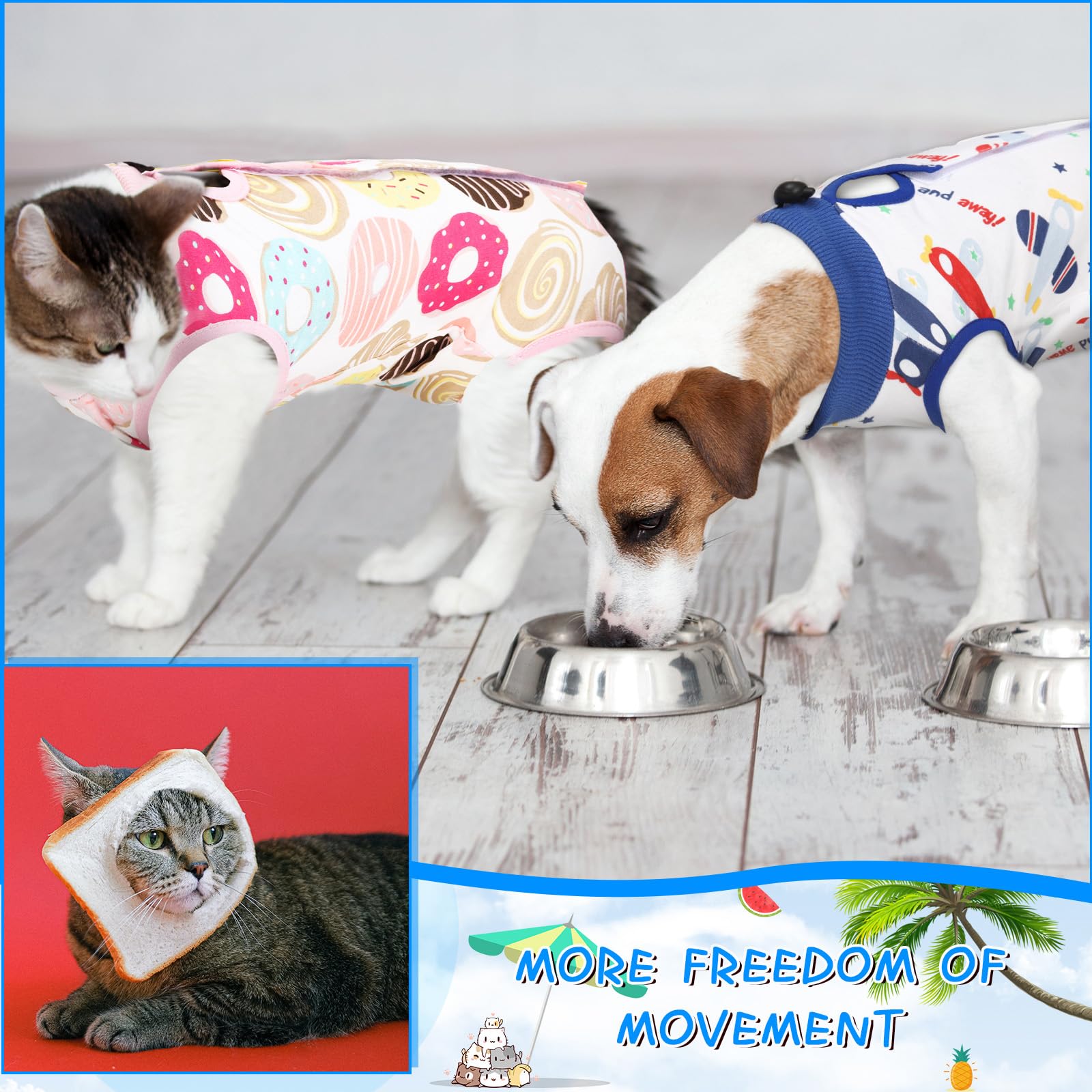 Kacctyen cat recovery suit daily-use shot highlights stain prevention during meals and activity.