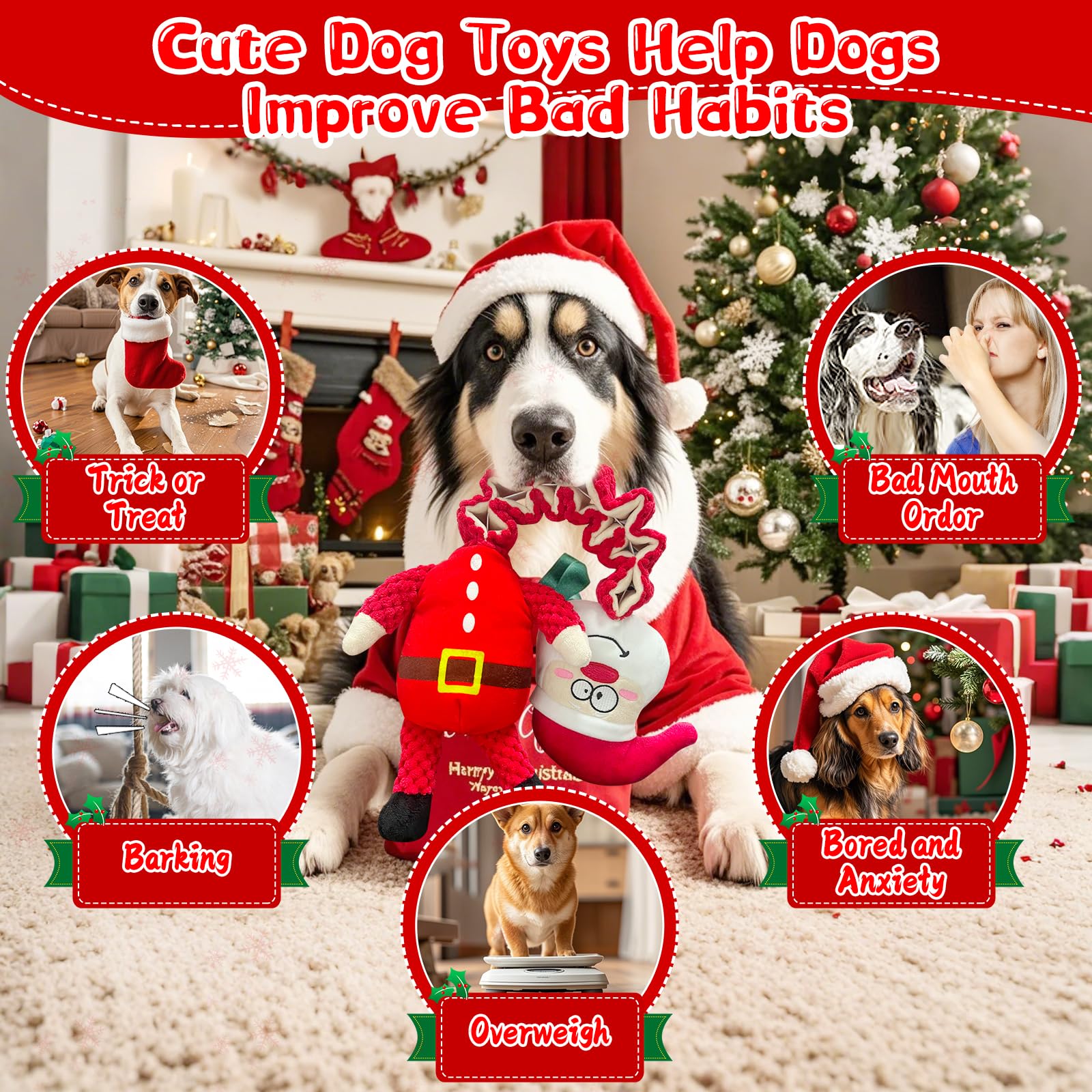 Kachewlulu Santa dog toy in holiday display for multi-dog households.