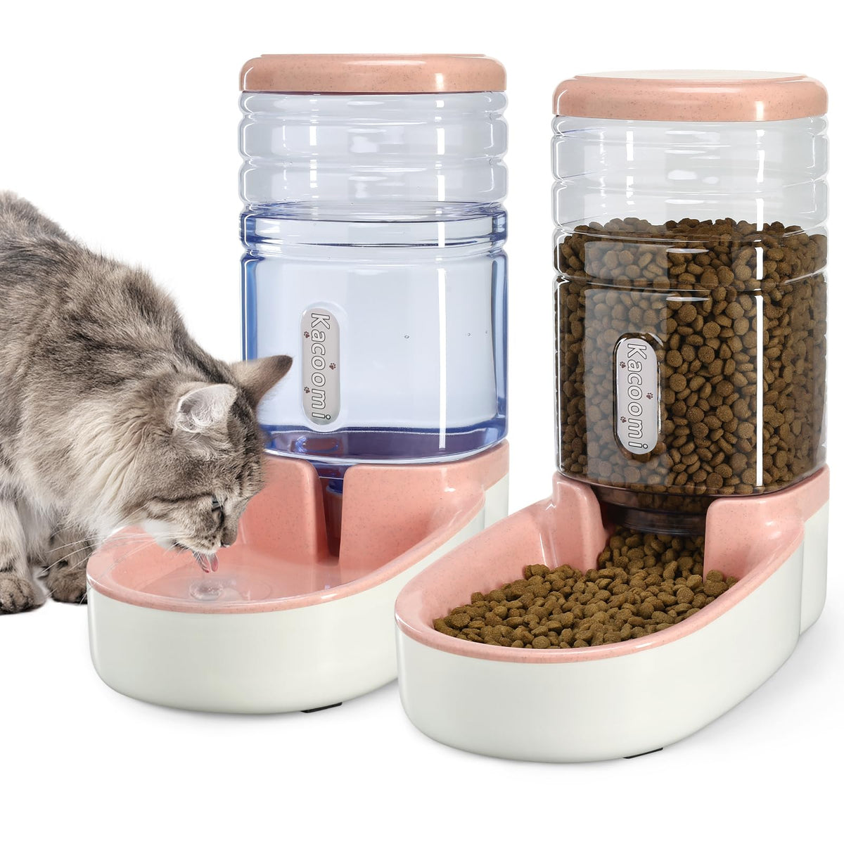 Kacoomi automatic feeder waterdispenser set pink with dual feeding and hydration for pets.