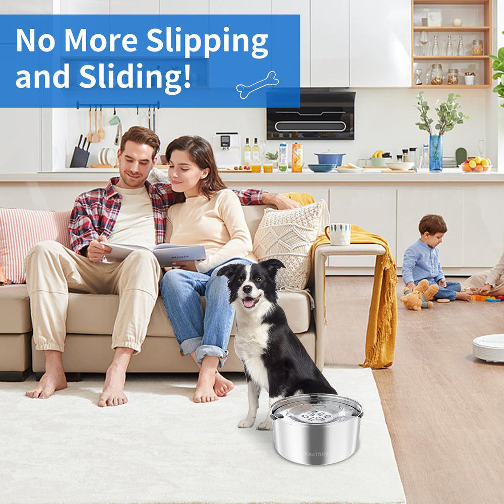 Kactoily no-spill water feeder shows bottom silicone pads preventing floor mess.
