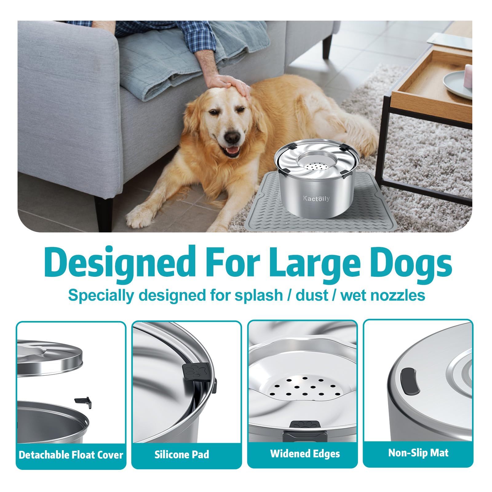 Kactoily spill-proof dog water bowl with floating disk reduces splashing.