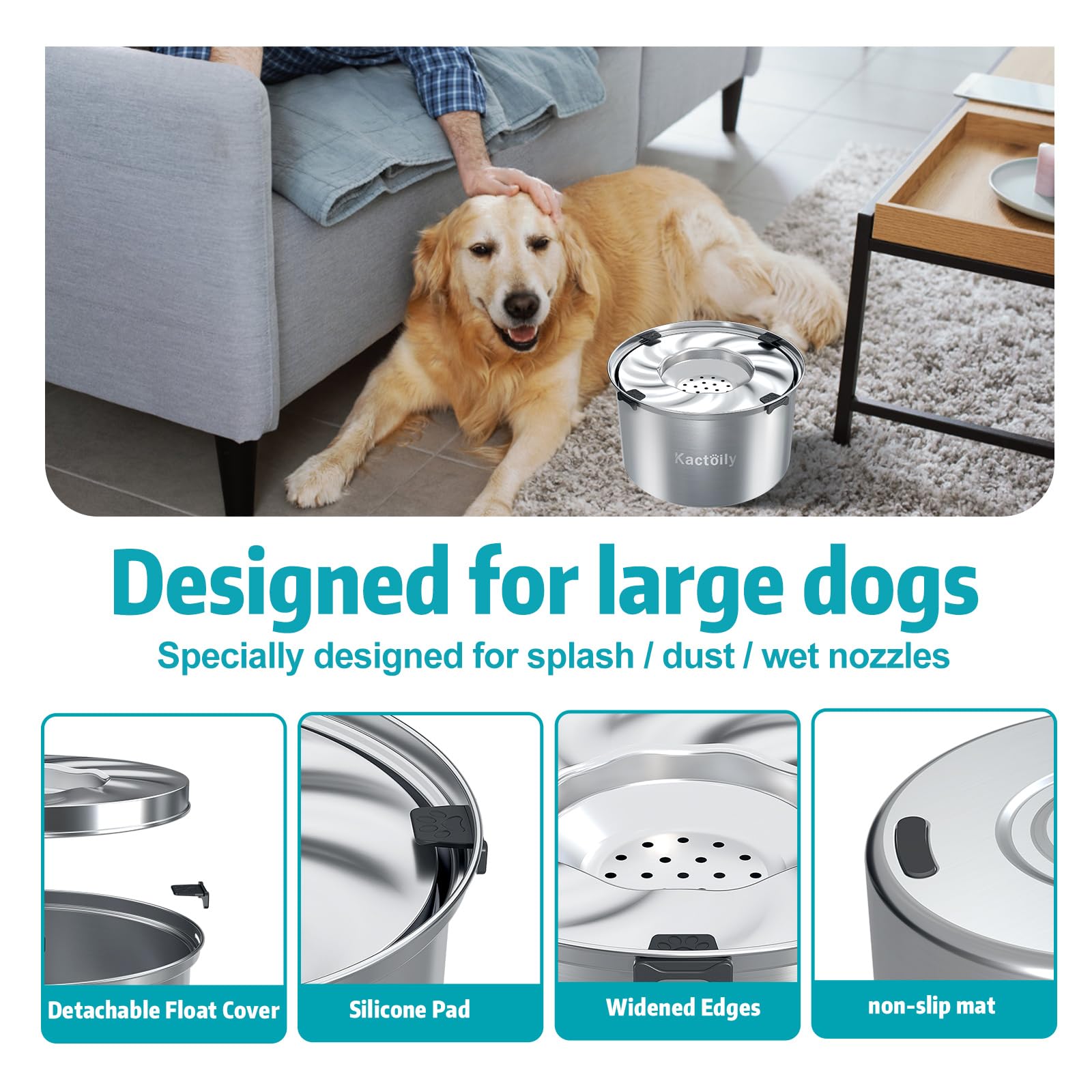 Kactoily stainless steel bowl with floating disk for slower, cleaner drinking