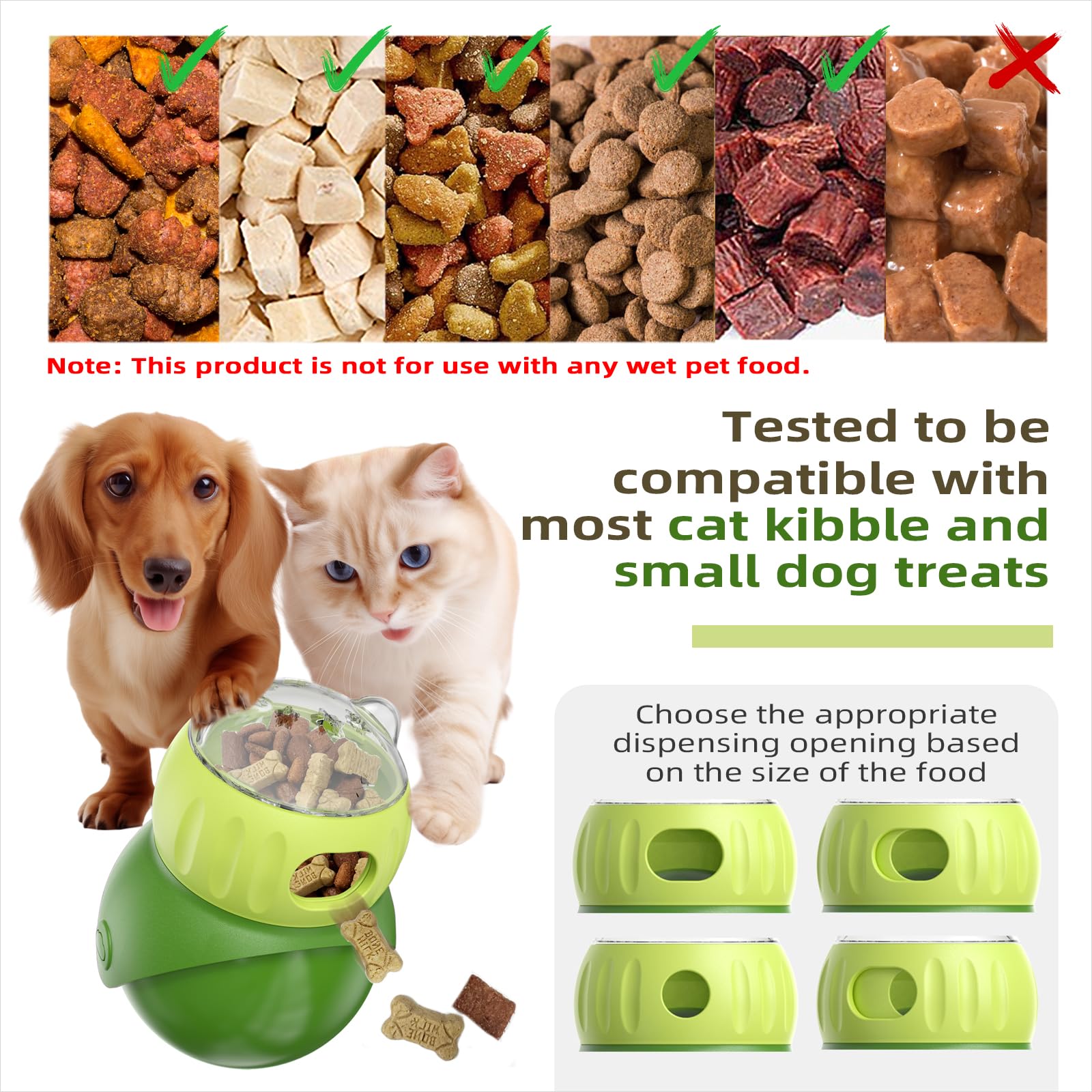 KADTC adjustable-dispensing-hole highlights customizable kibble release for different treats.