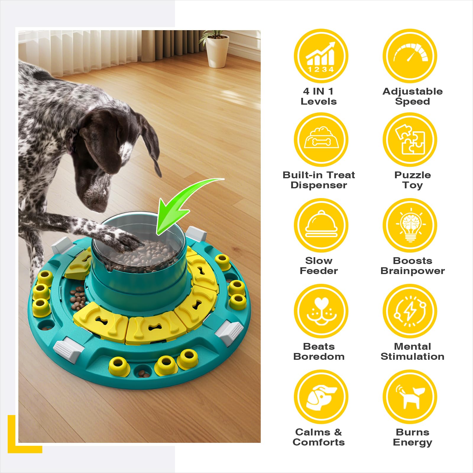 KADTC dog puzzle top view highlights six treat channels boosting engagement
