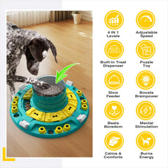 KADTC dog puzzle top view highlights six treat channels boosting engagement