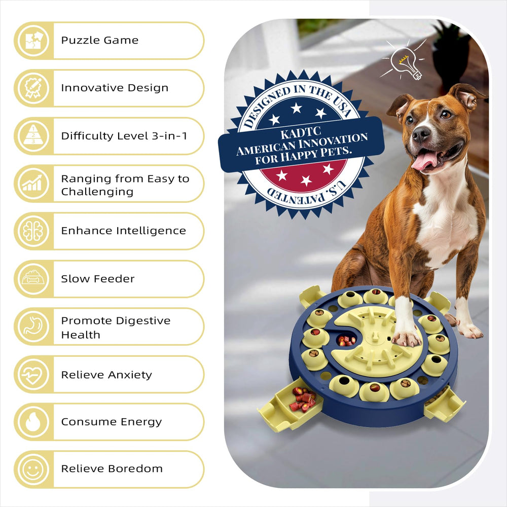 KADTC puzzle toy 3-level difficulty image illustrates customizable challenges for canine cognition