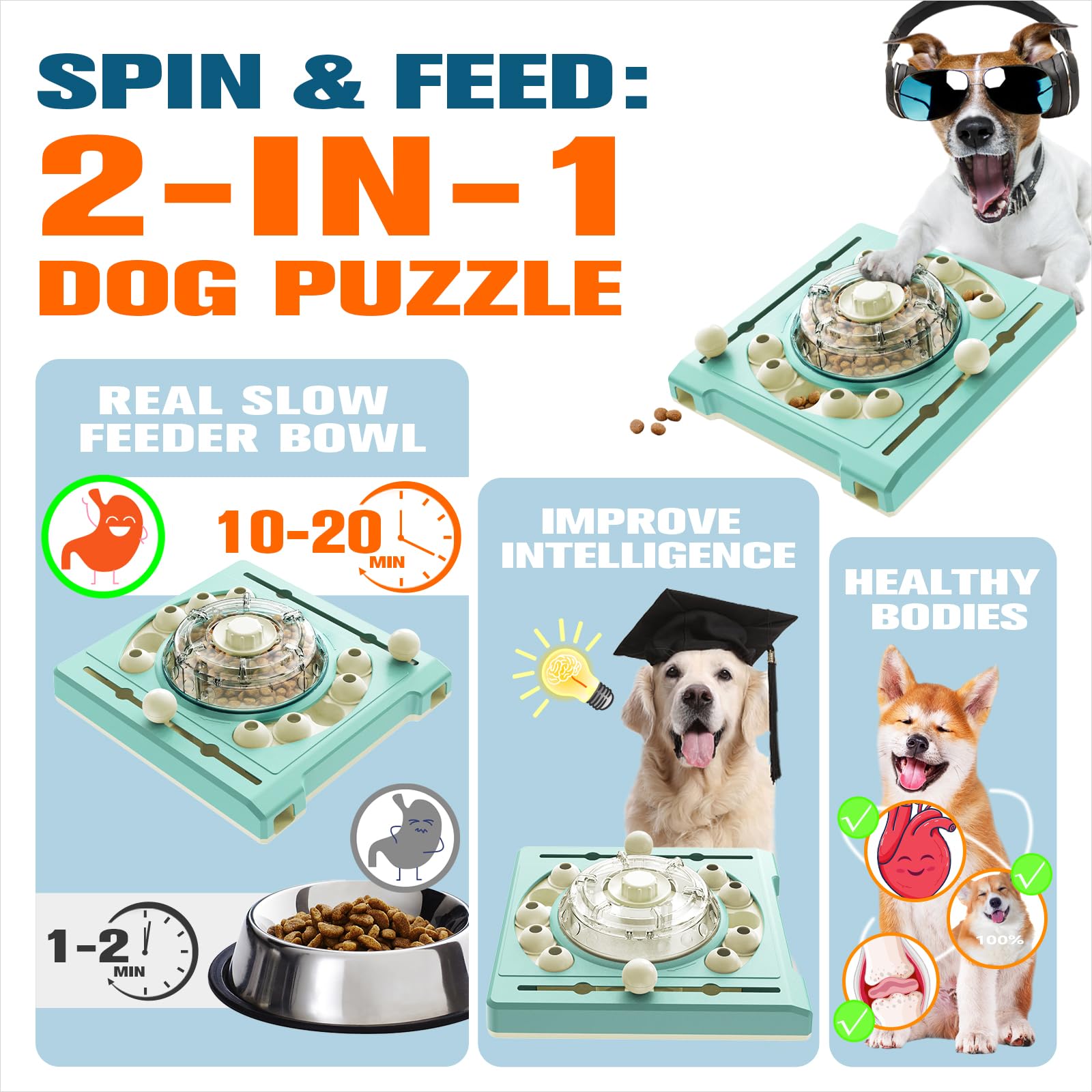 KADTC spinning dog puzzle toy side view highlights a sturdy ABS body for safe play