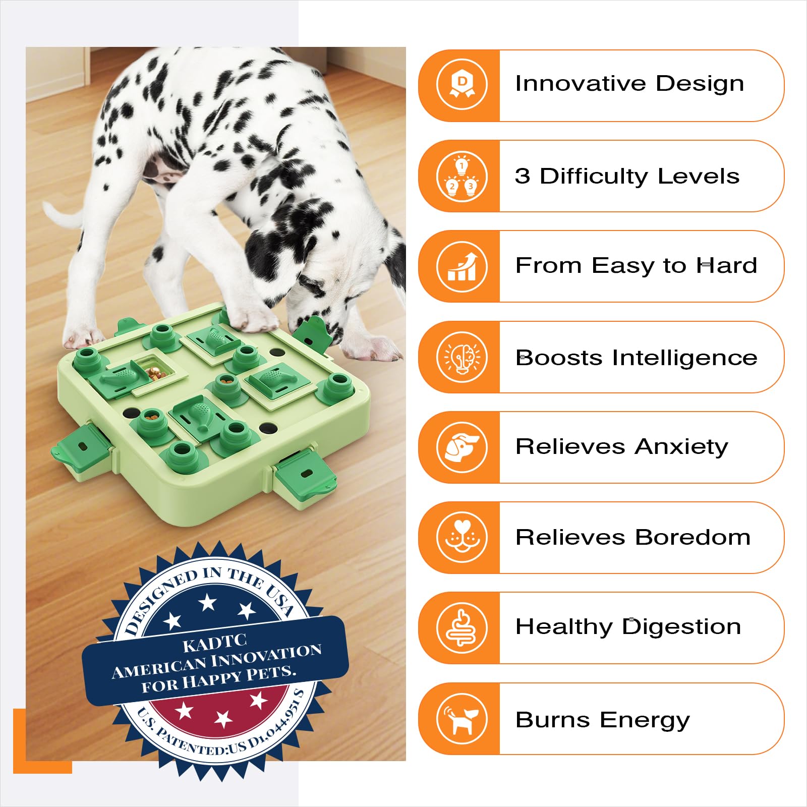 KADTC patented US design badge on durable dog puzzle toy.