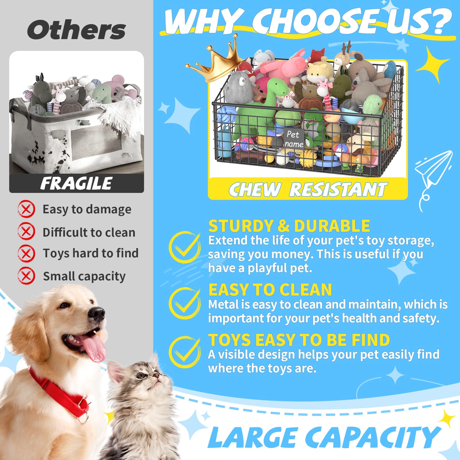 Kaiferty indestructible dog toy basket open front shows easy access for dogs of all sizes.