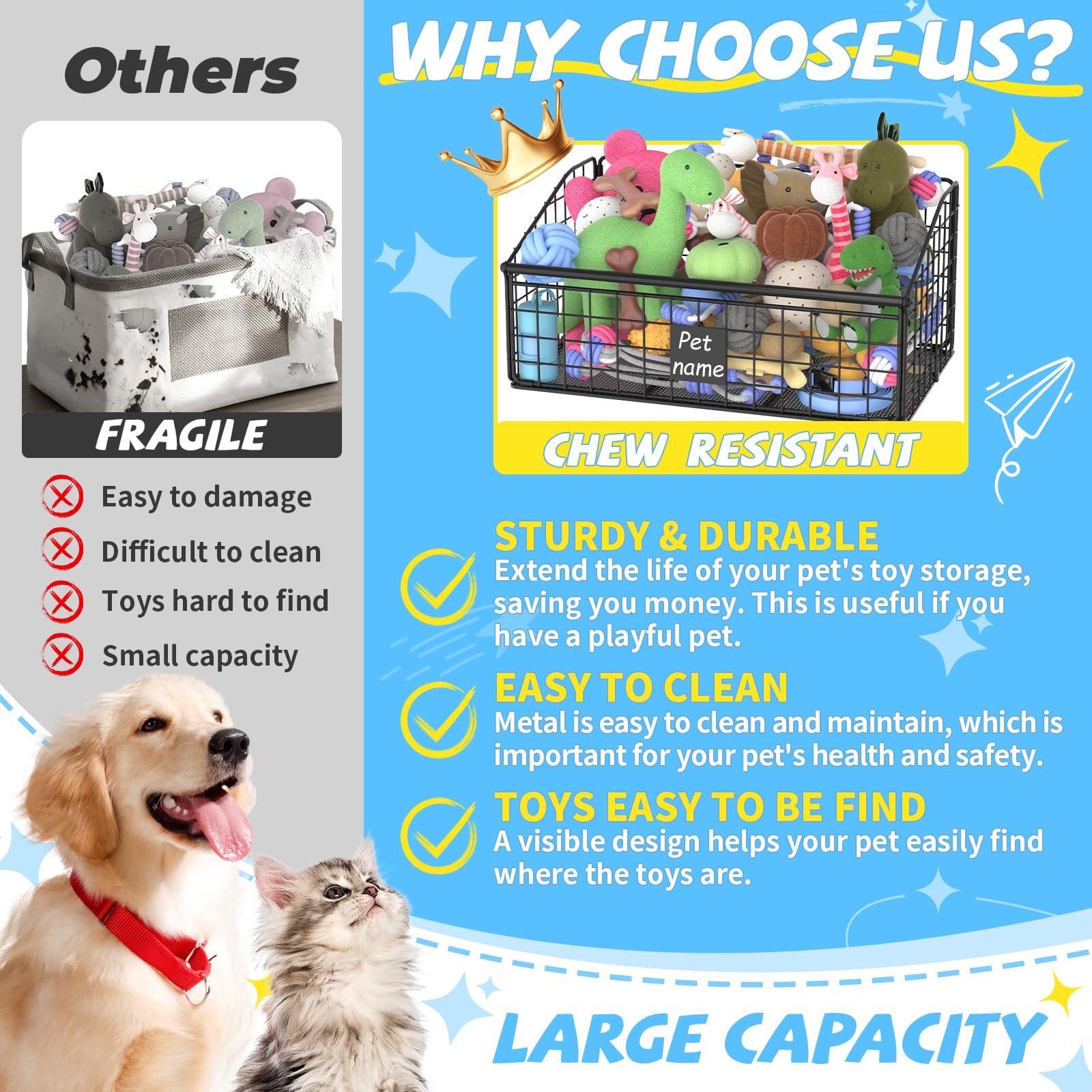 Kaiferty indestructible dog toy basket side view highlights easy-access design