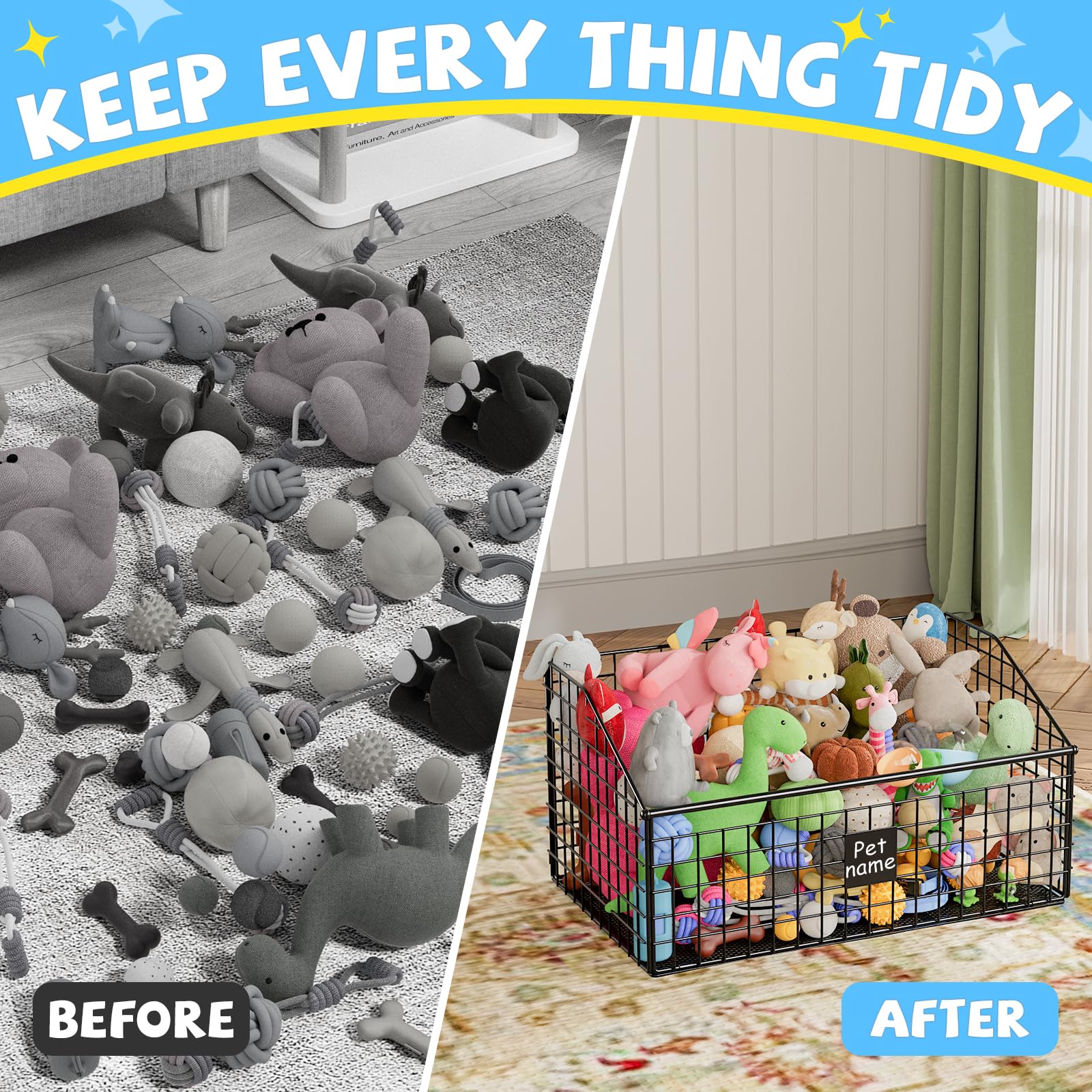 Kaiferty indestructible dog toy basket with toys demonstrates its large capacity.