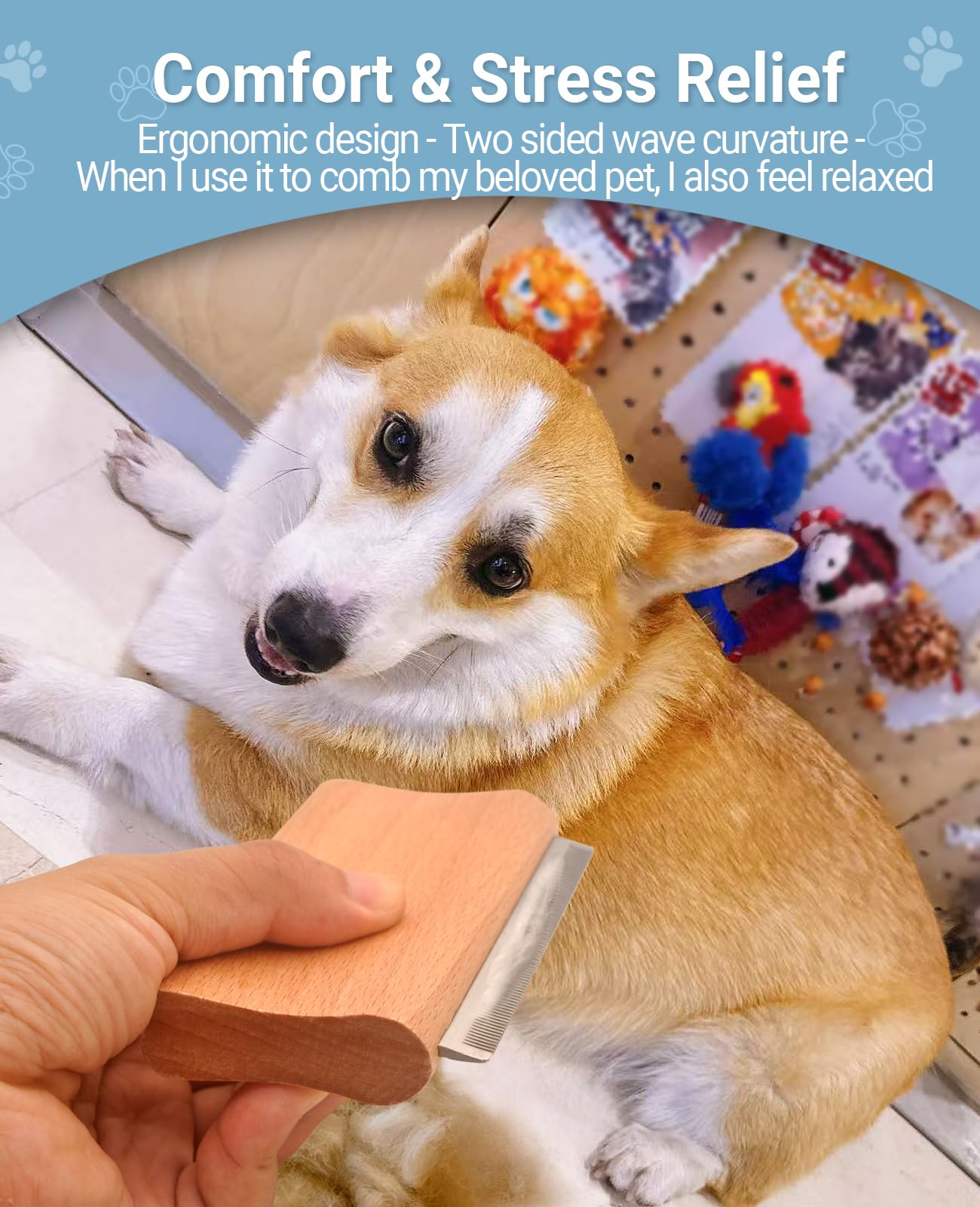 KAIFONG dog brush with stainless steel teeth for durable, effective fur removal.