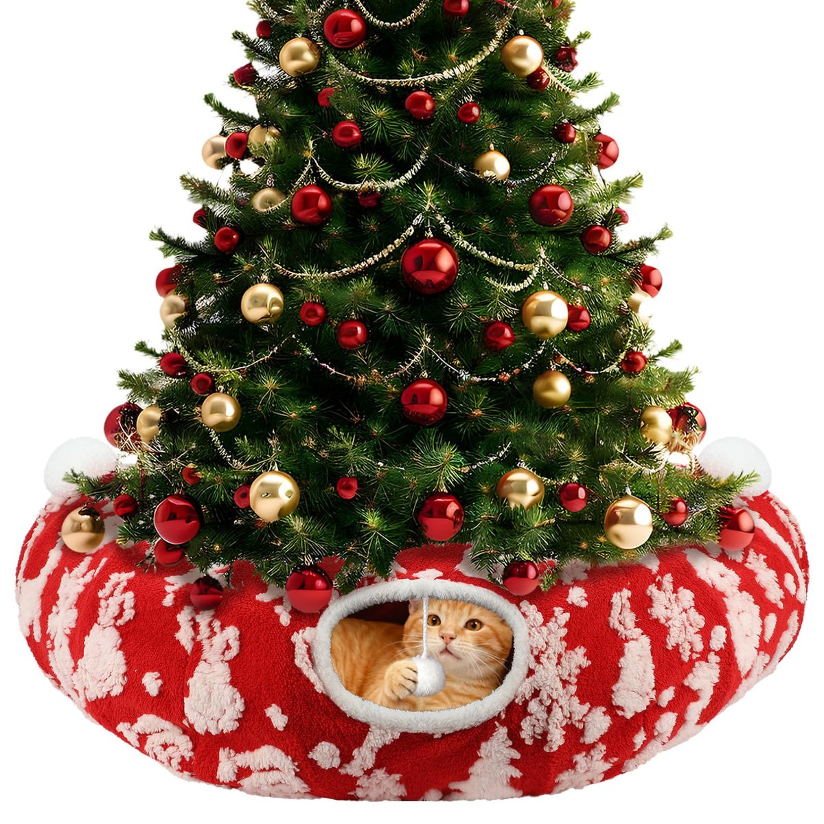 KAINUM cat tunnel under Christmas tree plush hideaway for indoor play.