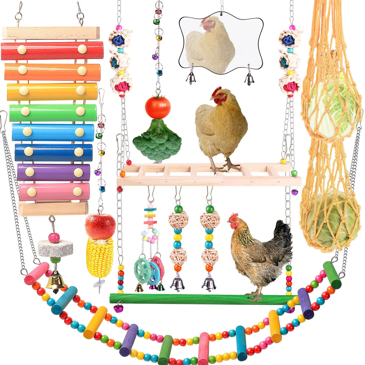 KAKUNM chicken xylophone toy in coop promotes enrichment and auditory play.