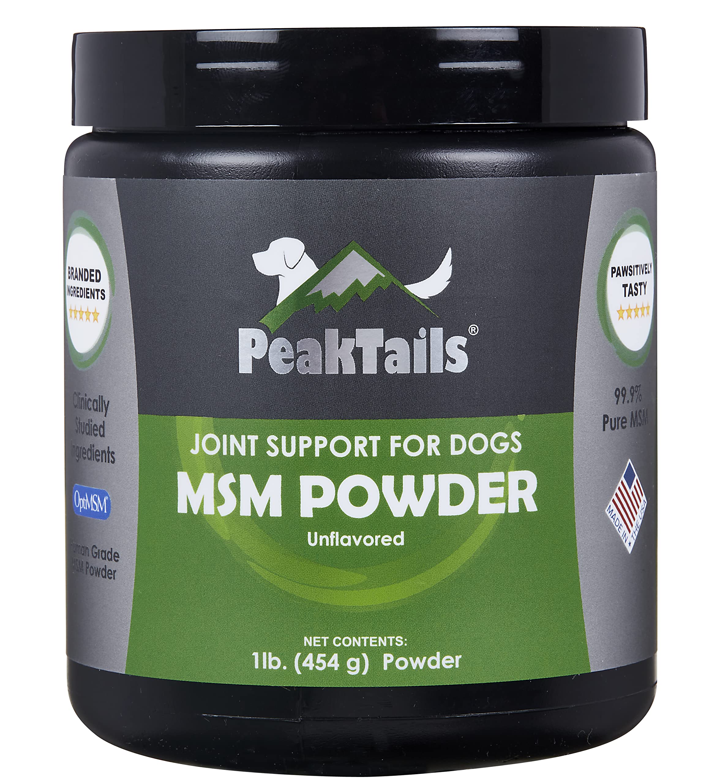 KALA HEALTH PeakTails MSM powder bottle closeup highlighting premium joint support for dogs.