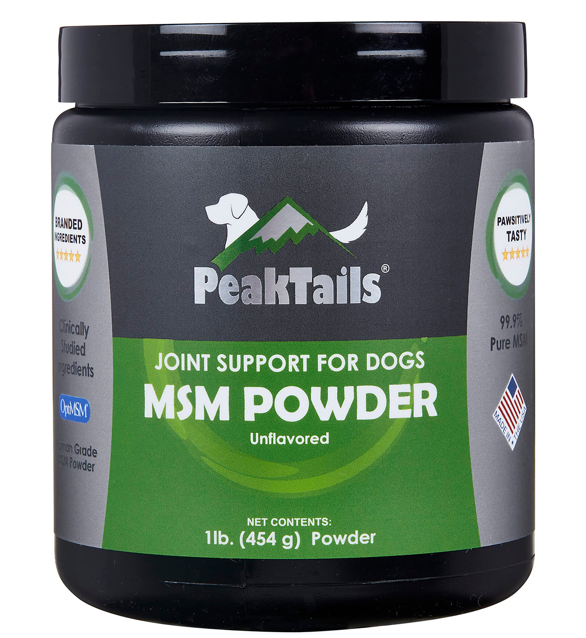 KALA HEALTH PeakTails MSM powder bottle closeup highlighting premium joint support for dogs.