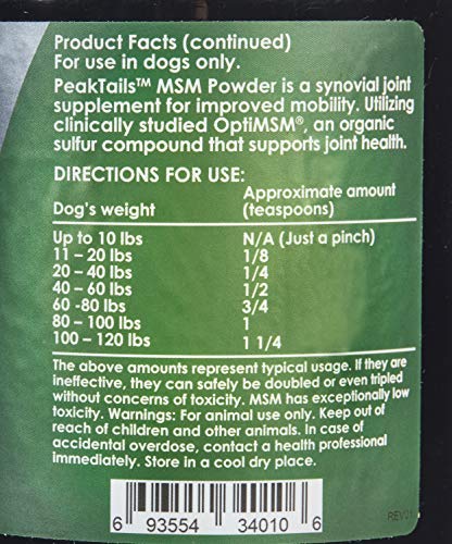 KALA HEALTH PeakTails MSM powder alongside a large dog, illustrating mobility and comfort.