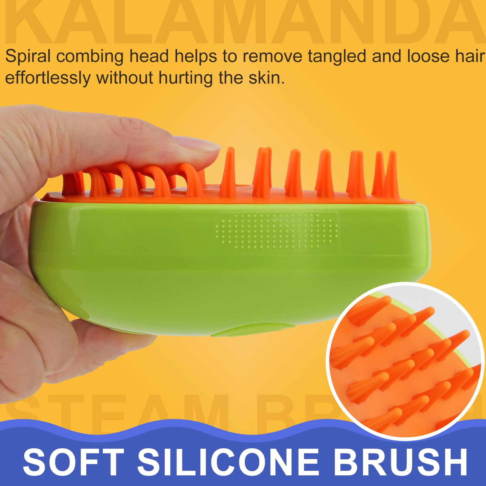 Kalamanda Cat Steam Brush ergonomic handle supports steady grooming sessions.