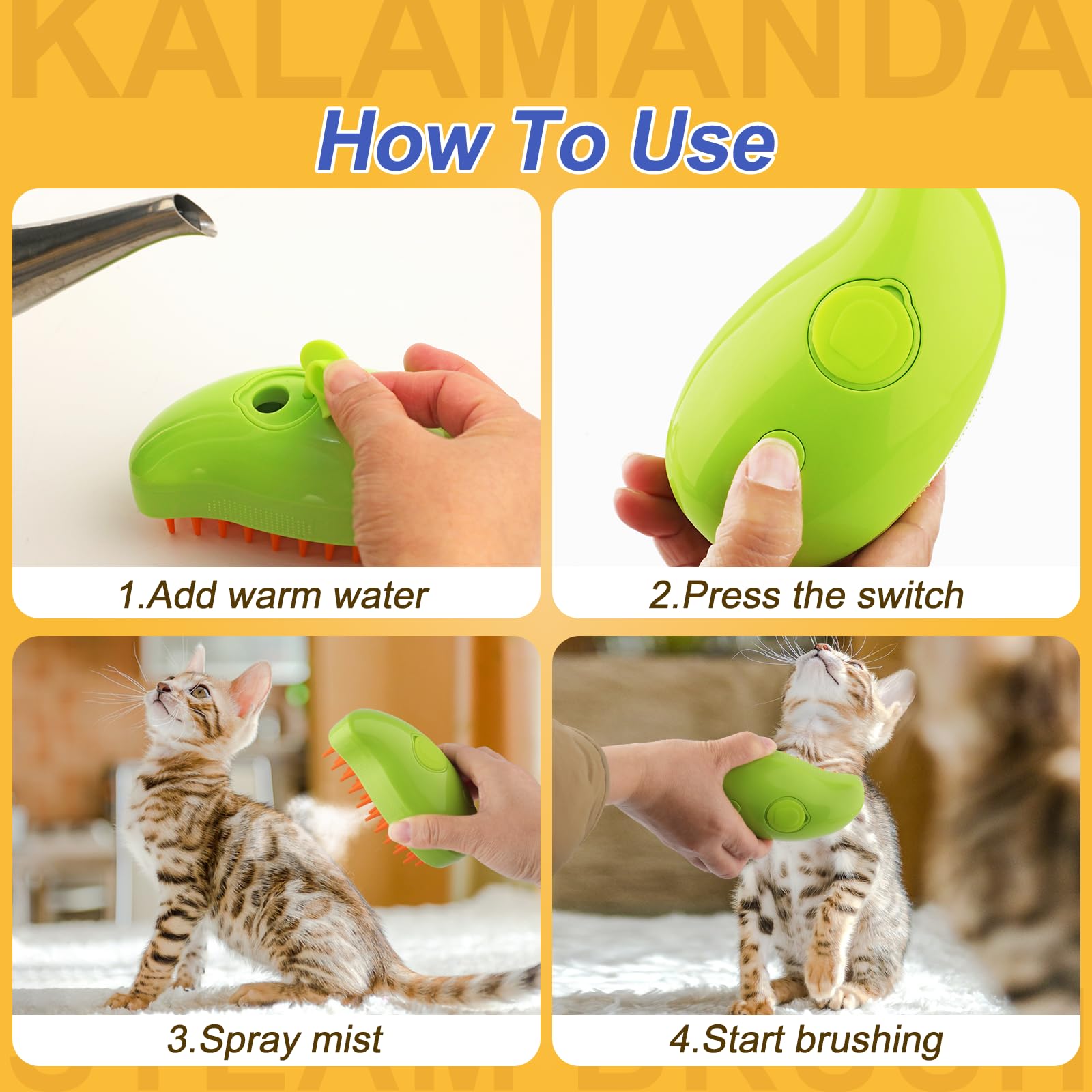 Kalamanda Cat Steam Brush mango green color enhances grip during grooming.