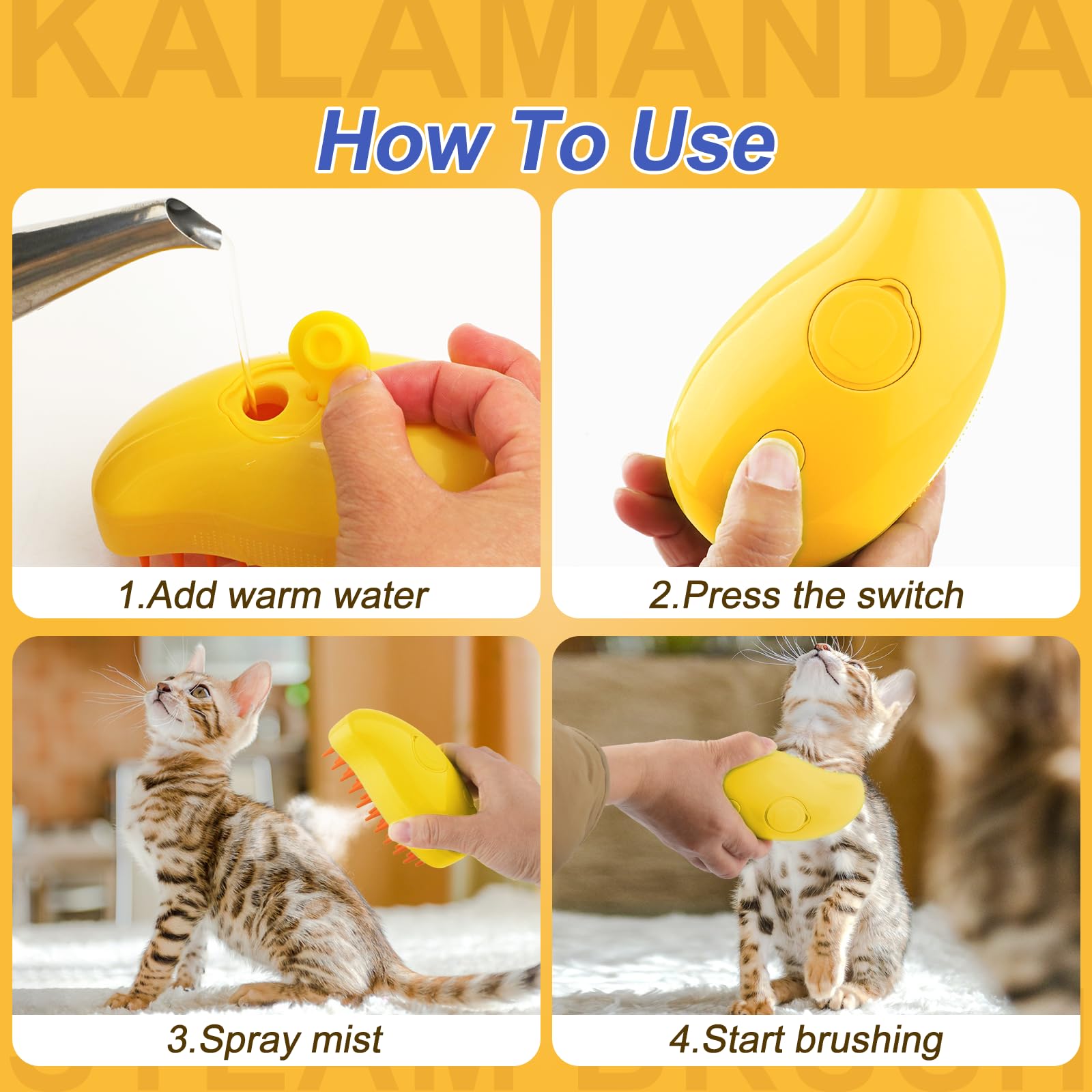Kalamanda Cat Steam Brush silicone bristles glide gently through fur during grooming.