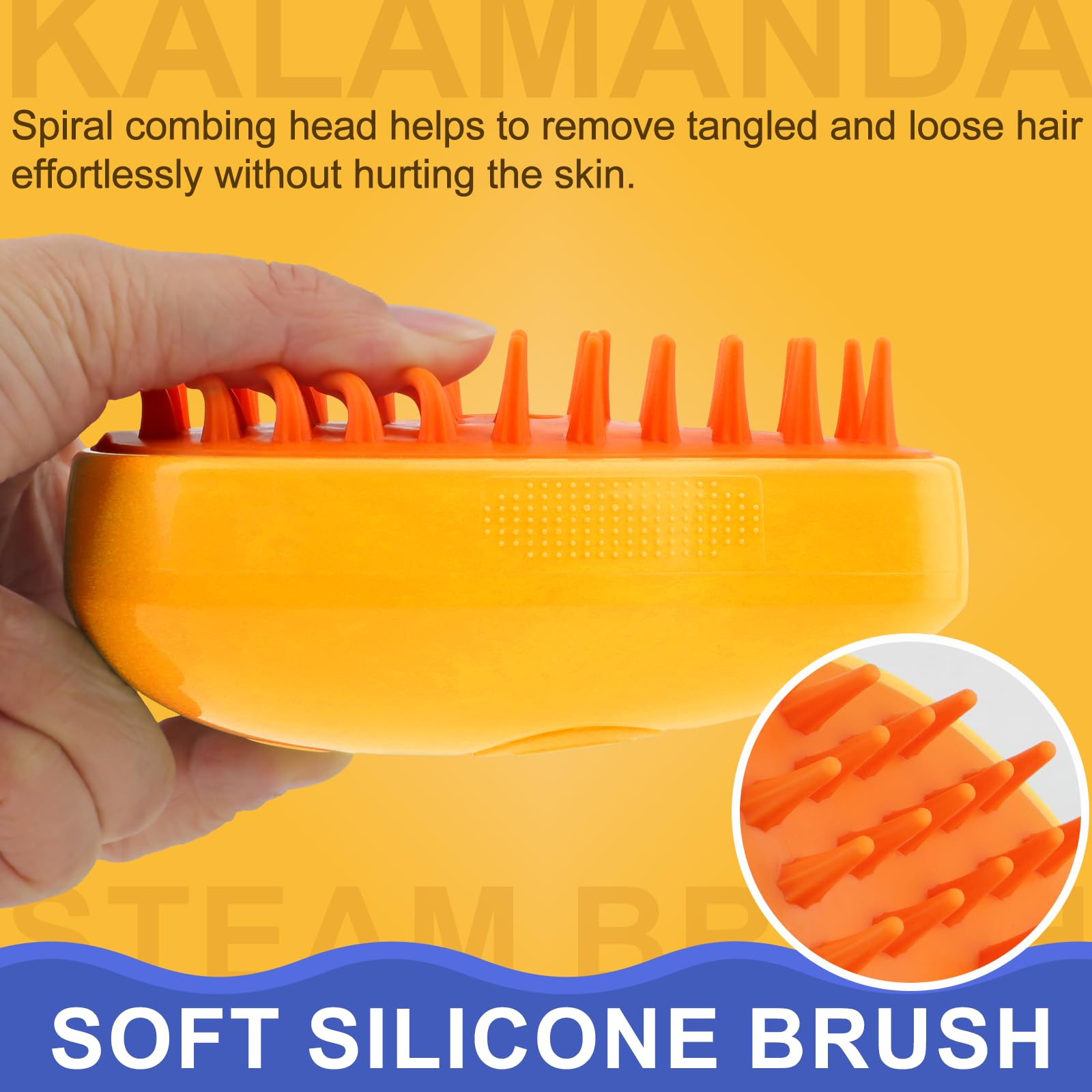 Kalamanda Cat Steam Brush spray-cleaning feature shown for cleaning dirt from fur and skin.