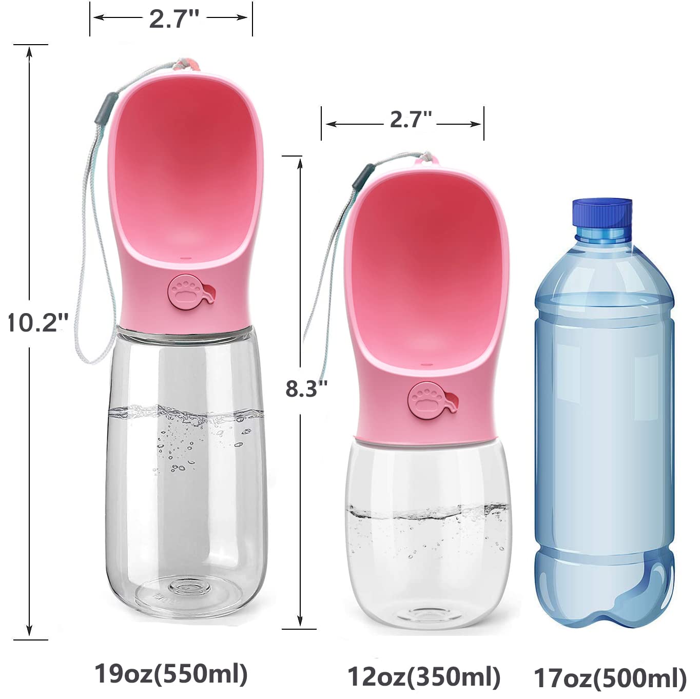 Kalimdor dog water bottle pink easy-carry design fits backpacks or wrists