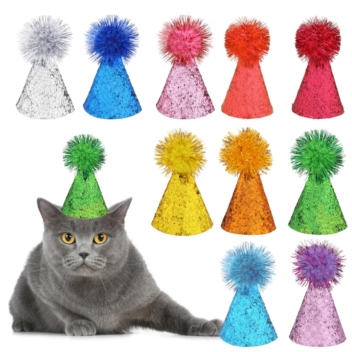 Kalione cat birthday hats set in vibrant colors for festive pet photos