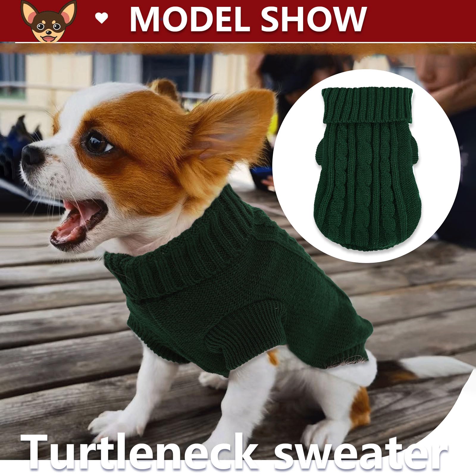 Kallfir's cutie green knit sweater for small dogs offers snug fit and style.