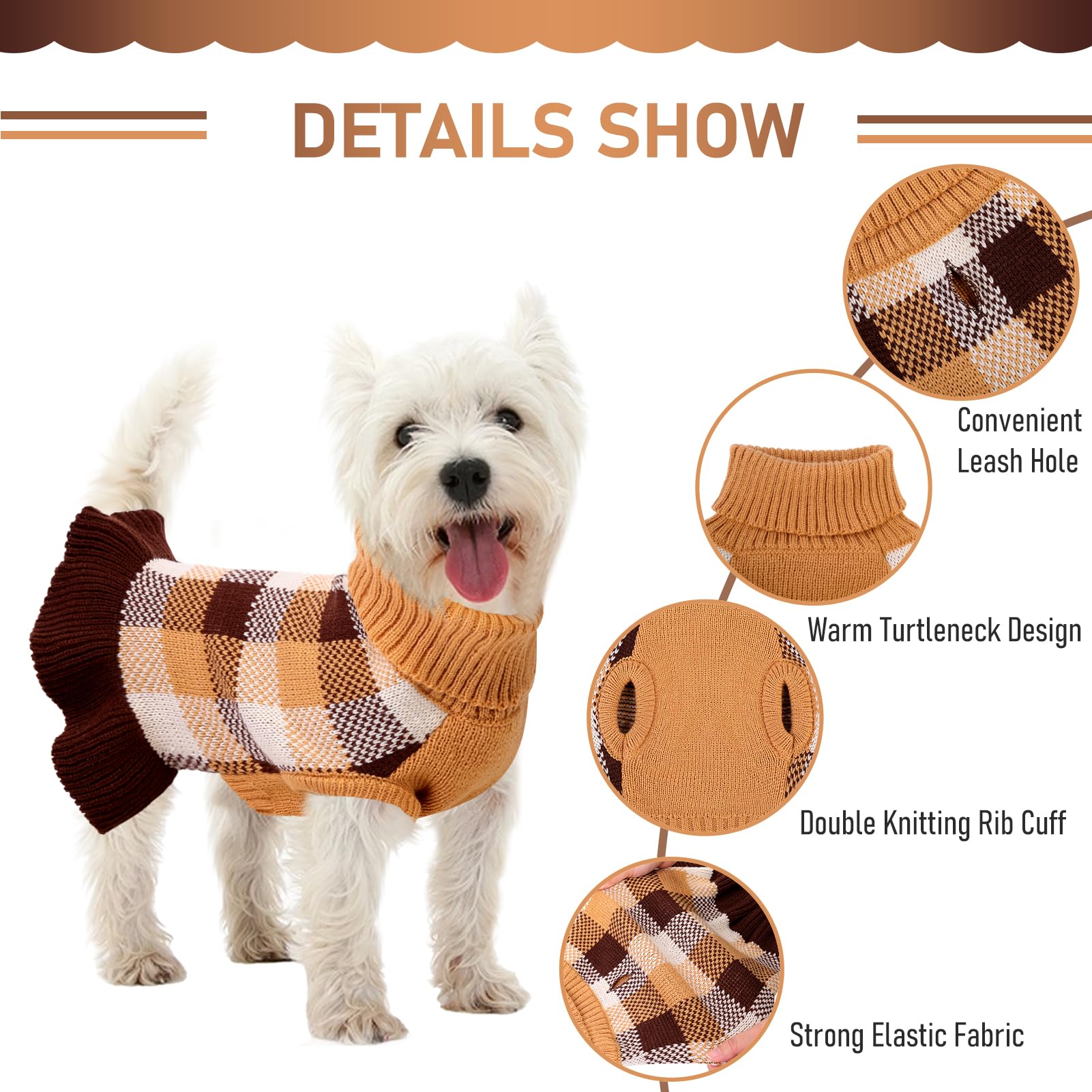 Kama Bridal dog sweater dress coffee plaid back view highlights leash-hole convenience