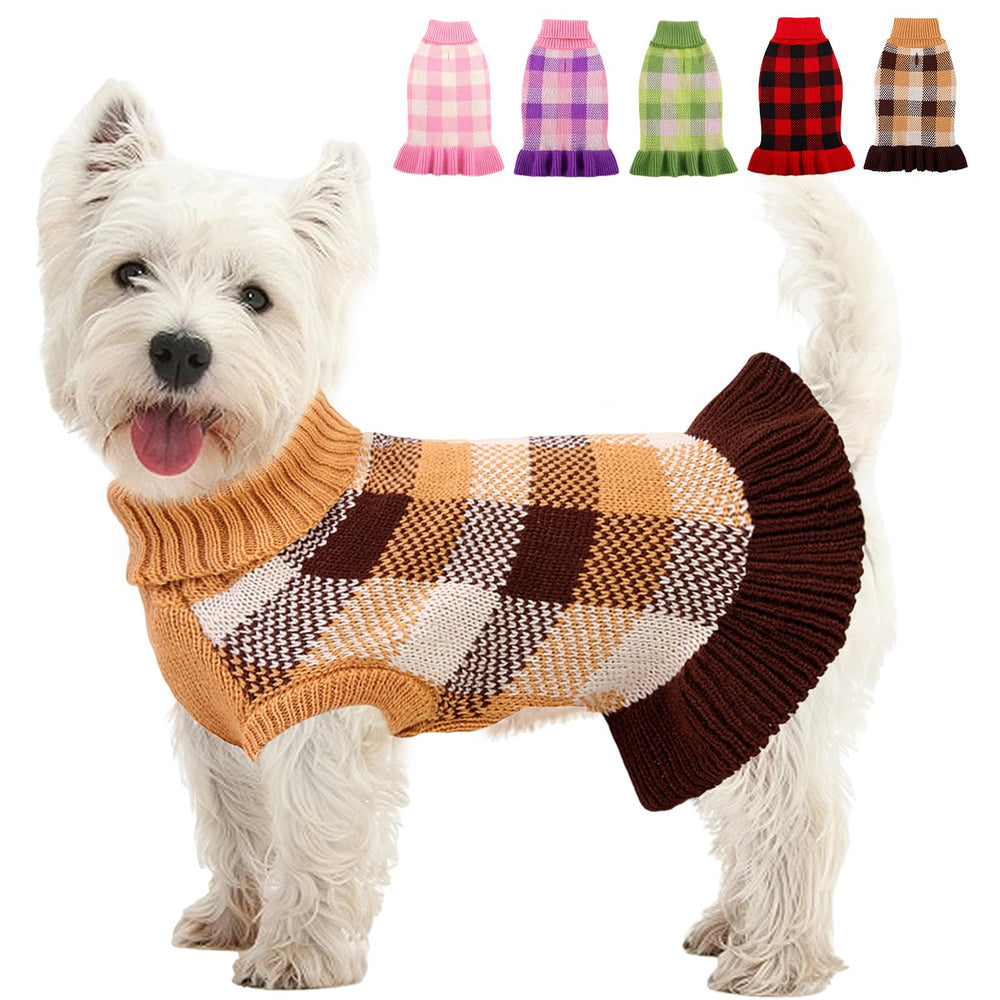 Kama Bridal dog sweater dress coffee plaid front view for cozy outdoor walks