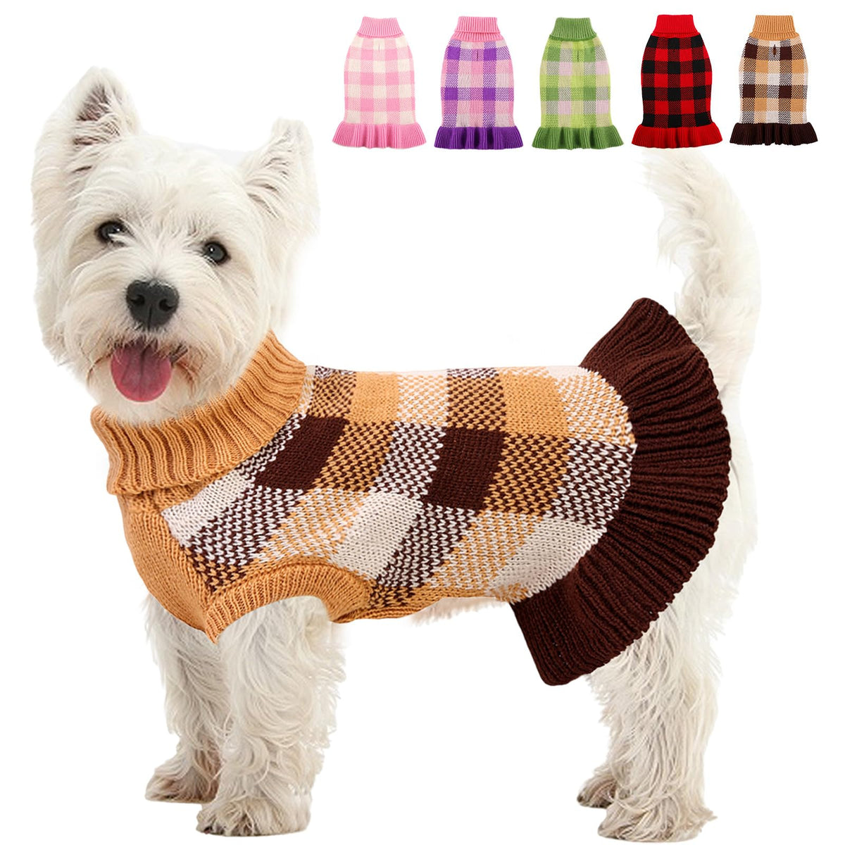 Kama Bridal dog sweater dress coffee plaid front view for cozy outdoor walks