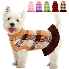 Kama Bridal dog sweater dress coffee plaid front view for cozy outdoor walks