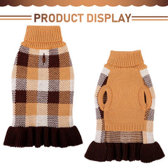 Kama Bridal dog sweater dress coffee plaid side profile shows comfortable stretch knit