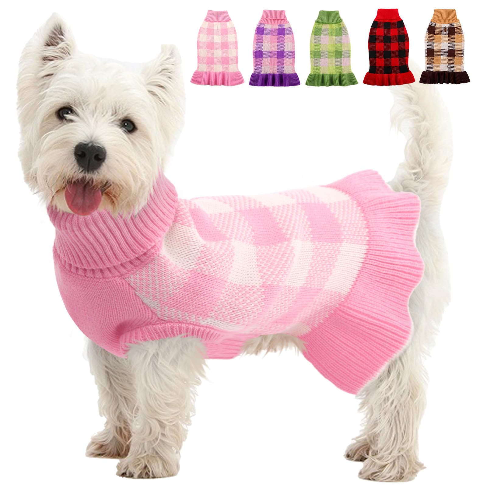 KAMA BRIDAL dog sweater dress pink plaid cozy warmth for cold days
